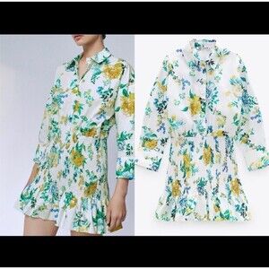 Zara Patricia Floral Smocked Ruffle Button Down Long Sleeve Shirtdress Coquette